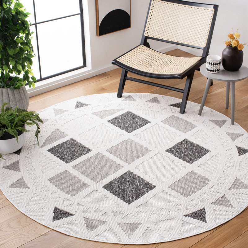 Tapis gris tissé à la machine à motif géométrique, Rond 6 pi 7 po