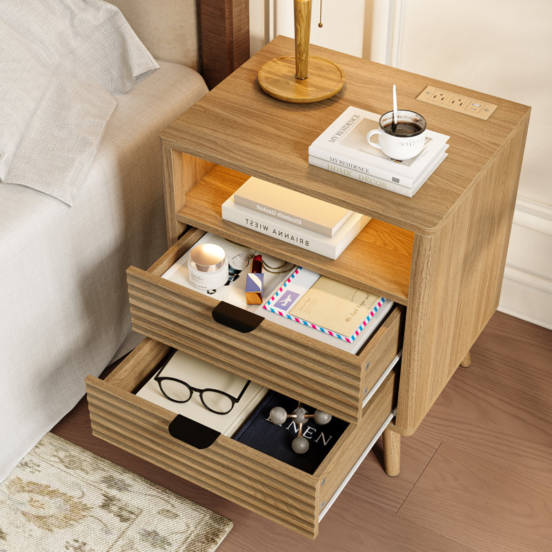 19.7" Nightstand With 2 Drawers & Open Shelf, Bedside Table With LED Lights & Outlets, End Table For Bedroom Or Living Room