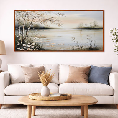 Gris blanc, été, matin, brume, lac, simplicité - impressions sur toile sereines, art mural encadré nature