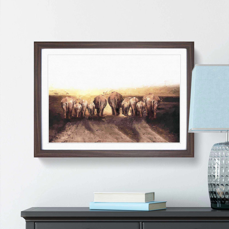 Herd of Elephants on a Dusty Road in Abstract - Picture Frame Painting Print, Walnut Framed, 27cm H x 36cm W x 2cm D