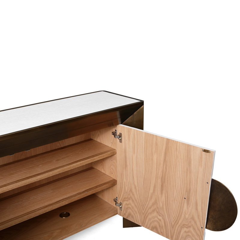 Modern Hardwood and Brass Sheet Console with Adjustable Shelves