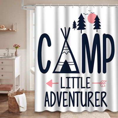 Boy Camp Bear Adventure Kid Graphic Shower Curtain with 12 Hooks