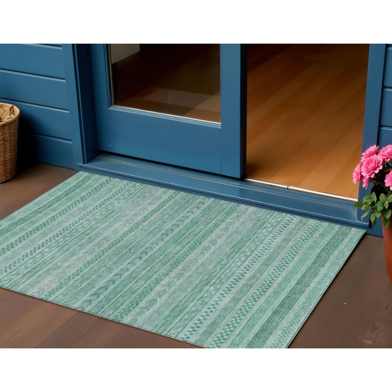 3' X 5' Turquoise And Aqua Striped Washable Indoor Outdoor Area Rug