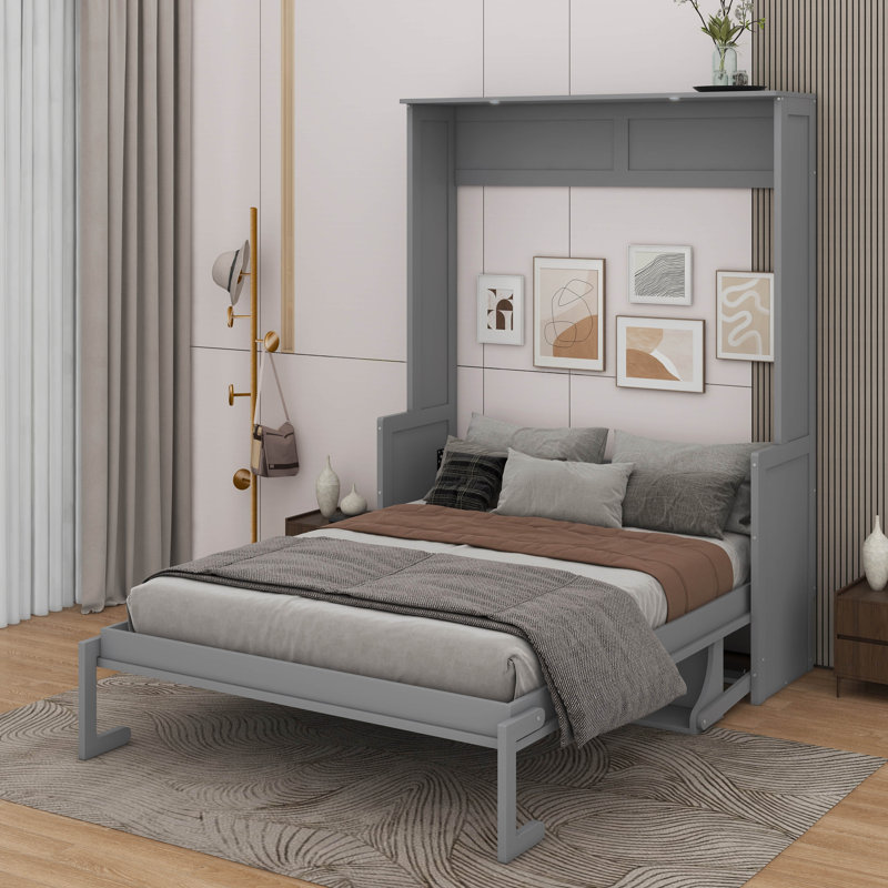 Grand lit escamotable avec bureau, lumières DEL et USB, Gris