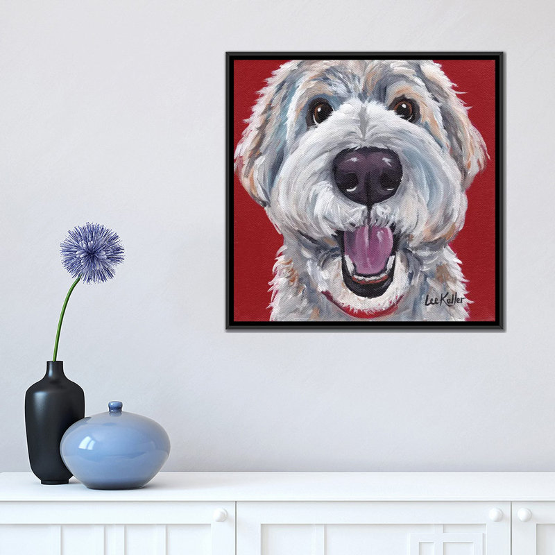 «Golden Doodle» par Hippie Hound Studios, impression sur toile tendue, Toile avec cadre noir, H 18 po x l 18 po x P 1,5 po