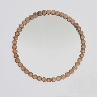 Miroir mural décoratif décoratif rond avec cadre en perles de bois naturel