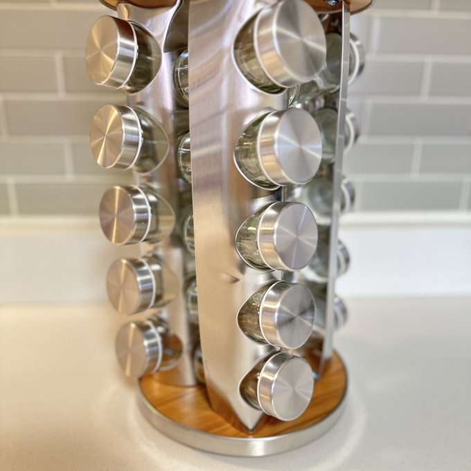 Revolving Spice Rack with 20 Jars and 386 Labels, Countertop and Cabinet Spice Tower Organizer - Wood/Silver
