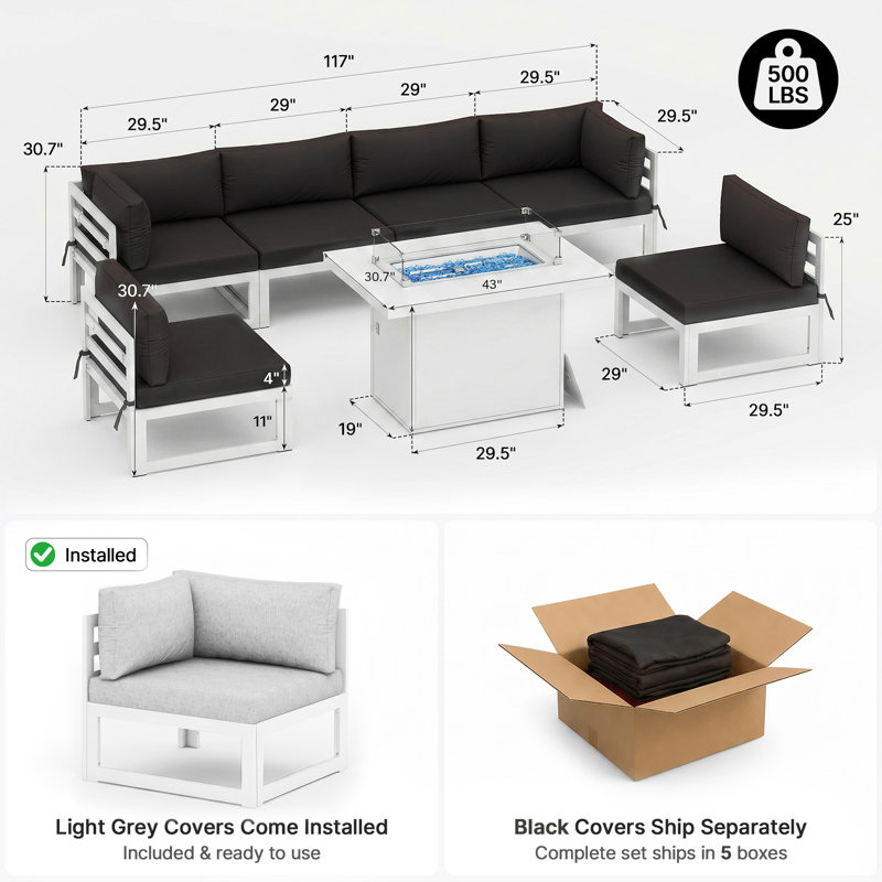 Tuyen 7-Piece 6-Person Outdoor Patio All-Aluminum Sectional Conversation Set with 60,000 BTU Fire Pit Table and 4" High-Resilience Foam Cushions