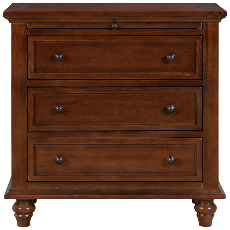 Table de chevet 27,6 po avec 3 tiroirs et plateau coulissant, table de chevet en placage de bois de pin avec pieds en bois d'hévéa