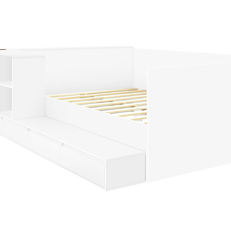 Lit plateforme double blanc avec coiffeuse et tablettes, 2 tiroirs de bureau pour le rangement des cosmétiques Blanc, lit, 6 tiroirs, table, différents motifs de décoration