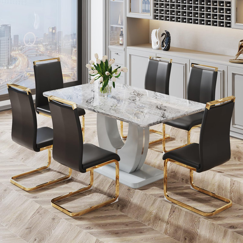 7 Piece - Marbled Dining Table Set, Black/Gold