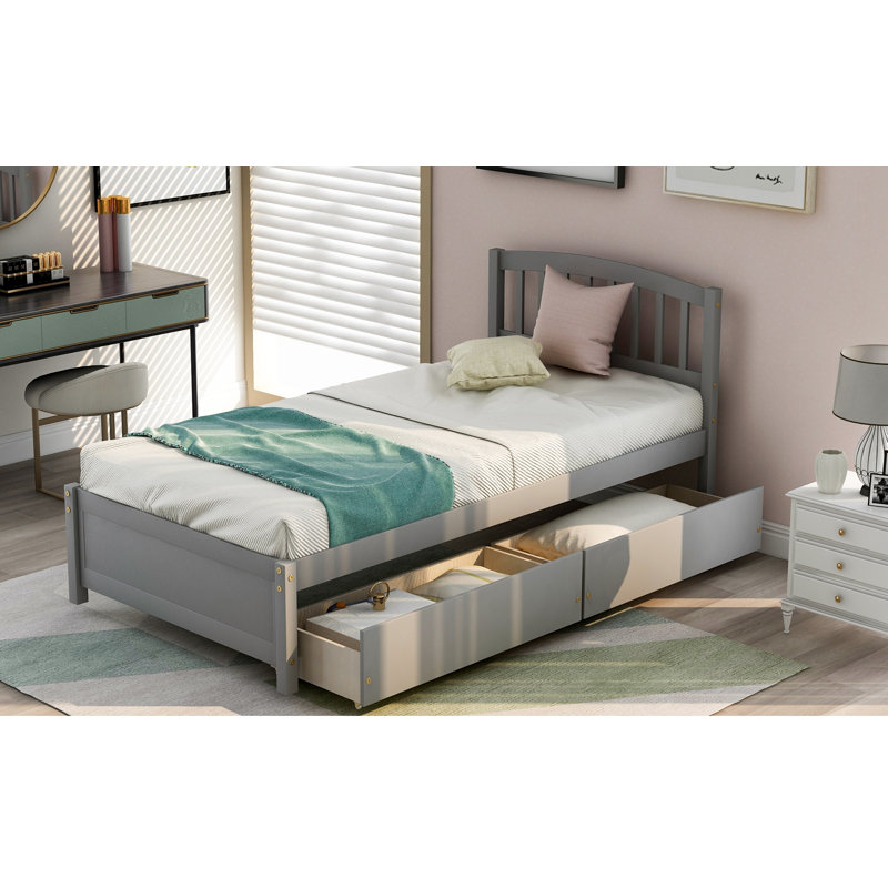 Twin Size Bed with Storage Drawers, Gray