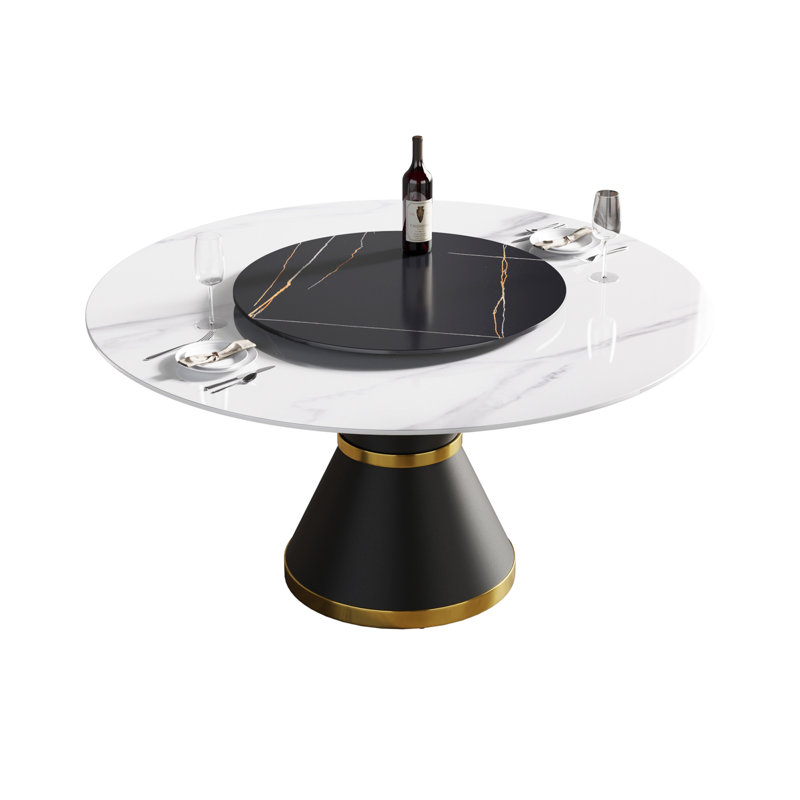 Table de salle à manger 59,05 po moderne en pierre artificielle ronde en acier au carbone noir pouvant accueillir 6 personnes - 31,5 po