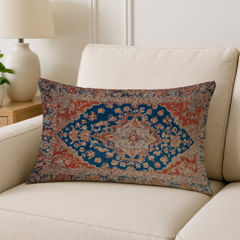 Coussin décoratif intérieur et extérieur Modern, Rectangle H 25 po x l 18 po, Bleu royal / rouille / damas crème