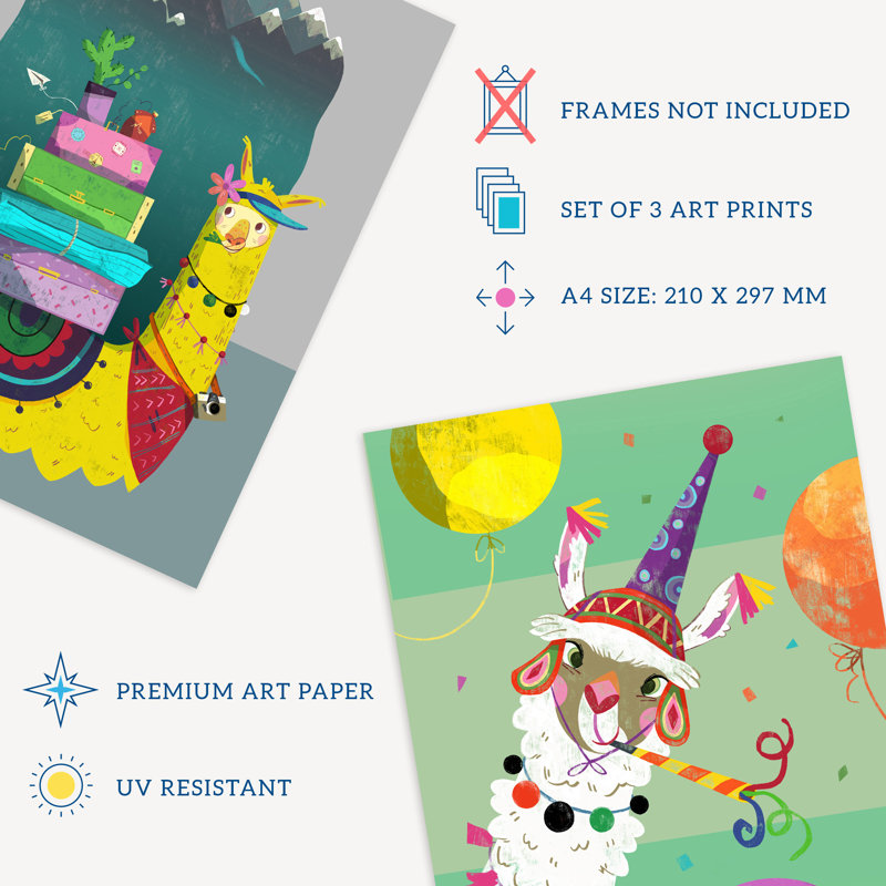 Kids Bedroom Llama Cool White Yellow Pink Camping Party Colourful 3 Piece Wall Art, 29.7cm H x 21cm W x 0.4cm D