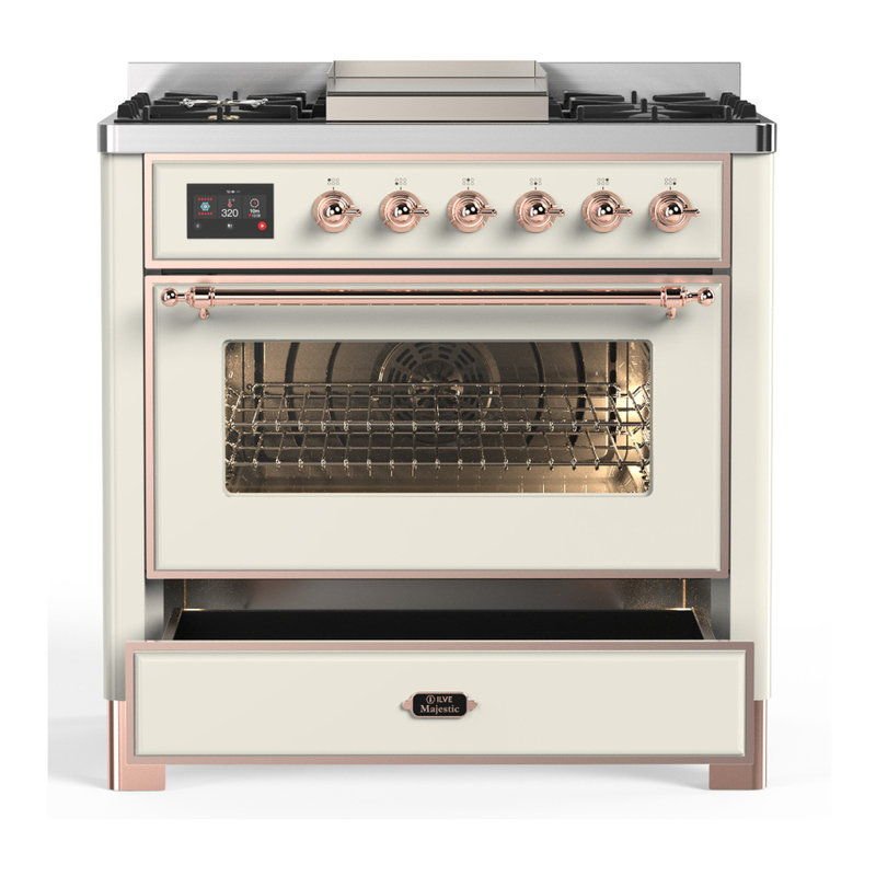 Majestic III Series 36 Inch Dual Fuel Range with 6 Sealed Burners, Griddle, in Glossy Black (Natural Gas, Brass Trim), Copper