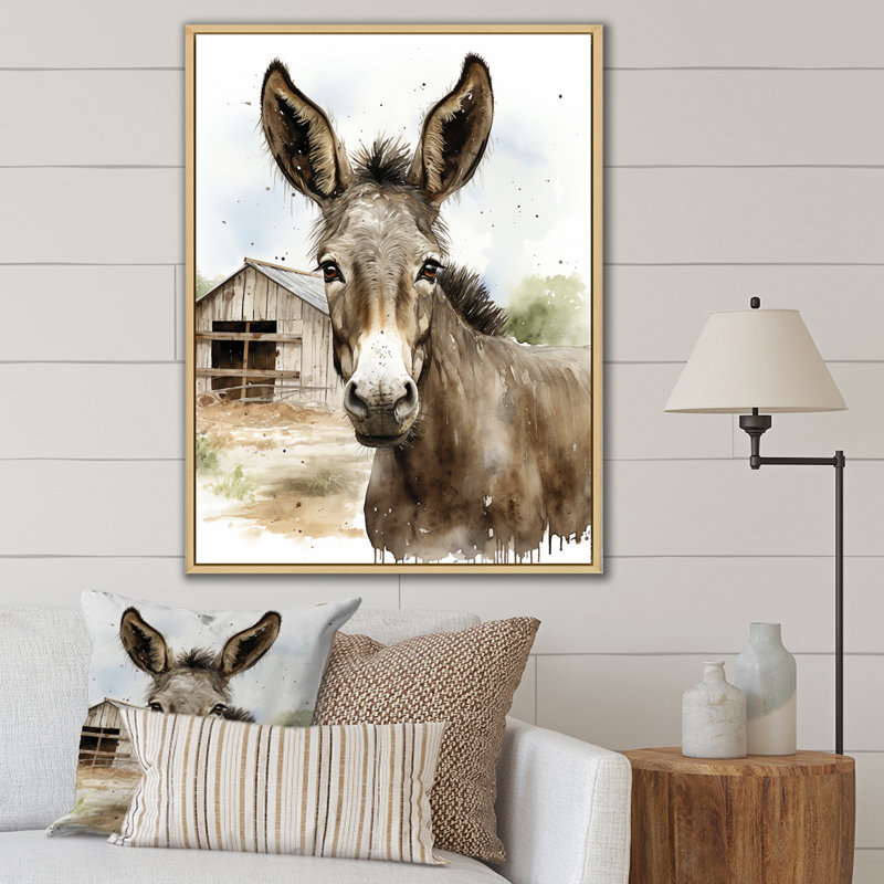 «Donkey Portrait Country Charm II» - art mural âne, Cadre flottant brun, H 20 po x l 12 po