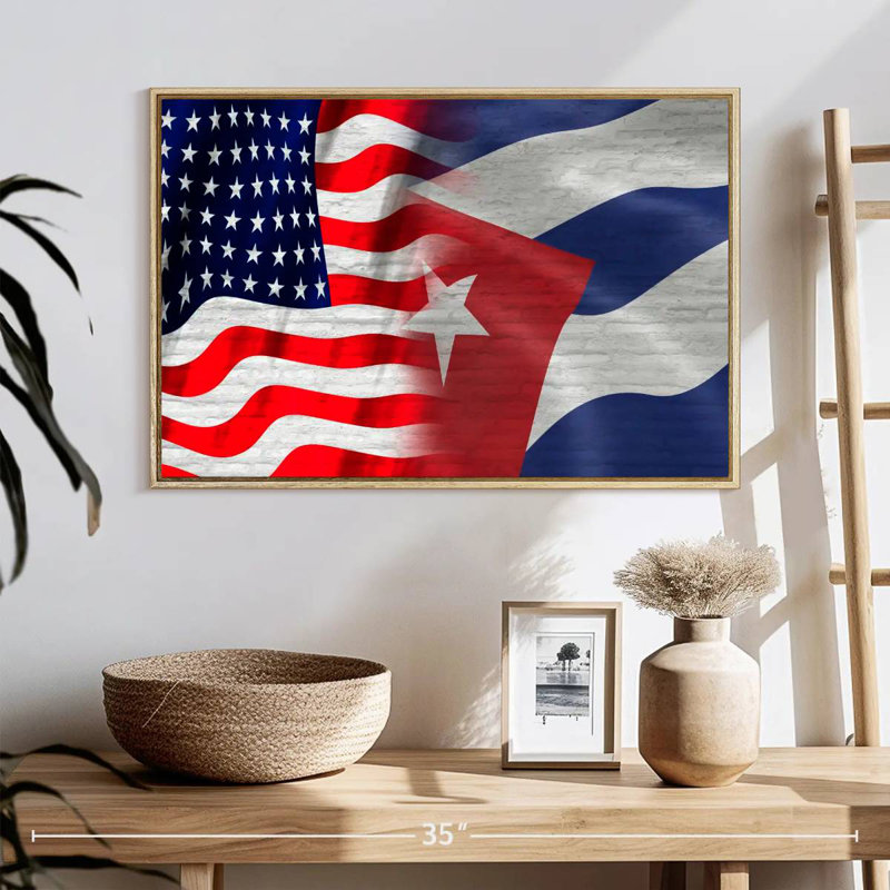 Drapeau américain et cubain, Cadre flottant en bois naturel, 25 po x 17 po