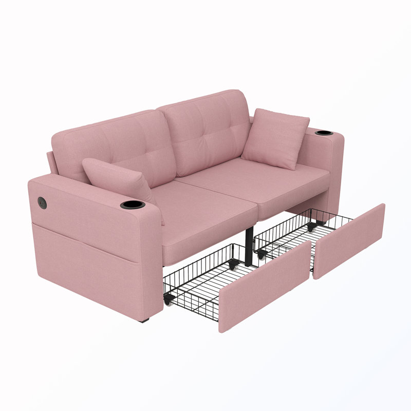 Canapé 3 places avec rangement et station de charge et porte-gobelet, Pink Chenille