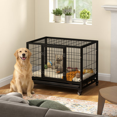 36" Heavy Duty Dog Crate, Indestructible Dog Cage Kennel with Removable Tray, Lockable Wheels and Double Door, for Medium and Large Dogs, Black