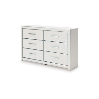 Commode large Zura, 6 tiroirs, poignées chromées à facettes, bois blanc mat