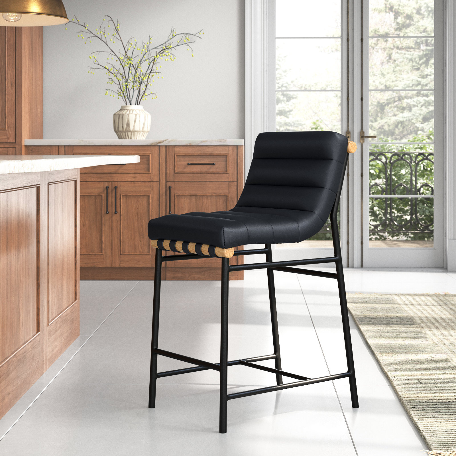 Vincentas Bar Stool, Black Faux Leather, Counter Stool (26.4" Seat Height)