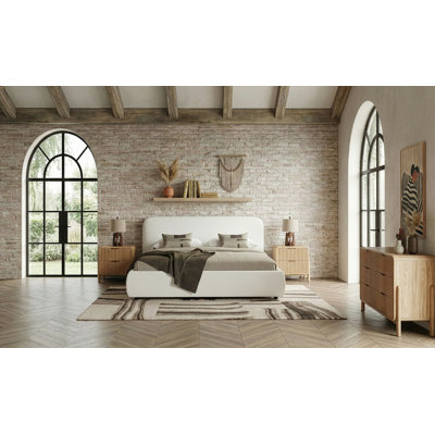 Ensemble de chambre à coucher 4 pièces en tissu ivoire moderne + chêne naturel Elvar