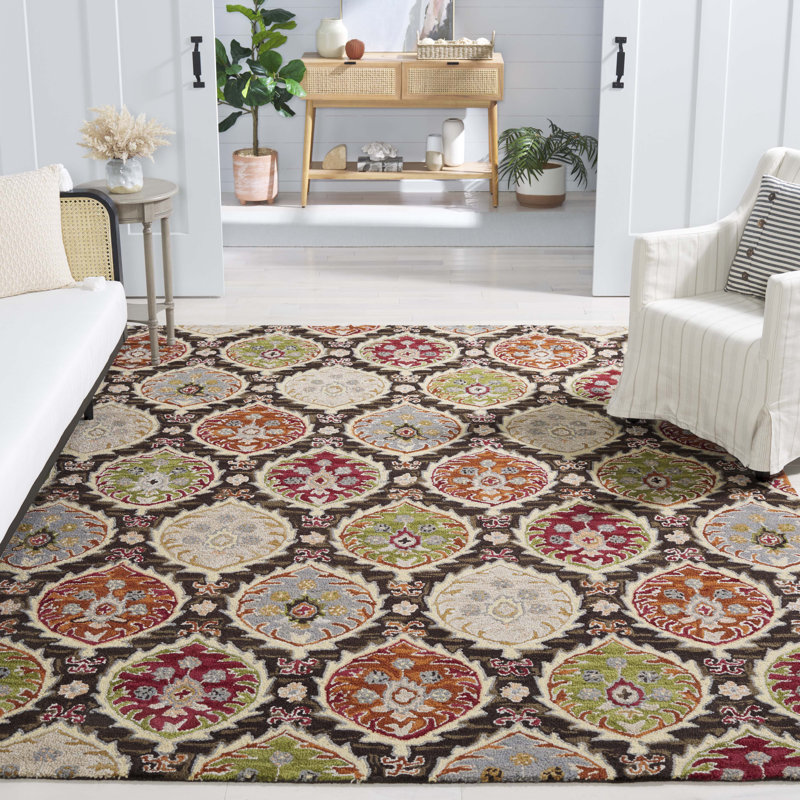 Tapis rouge / vert en laine et coton touffeté à la main Roshanta, Rectangle 8 pi x 10 pi