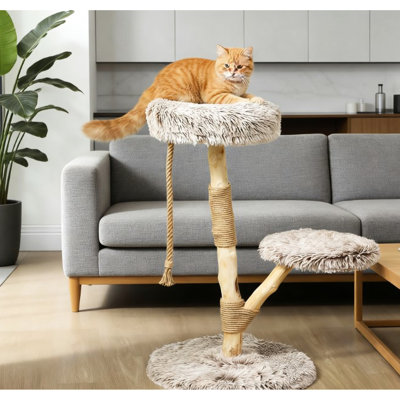 Arbre à chat d'intérieur, poteaux à griffer en bois massif recouverts de jute, base de panneau de particules stable, lits confortables pour le confort, corde, activité de saut, chats idéaux jusqu'à 10 lb, assemblage requis