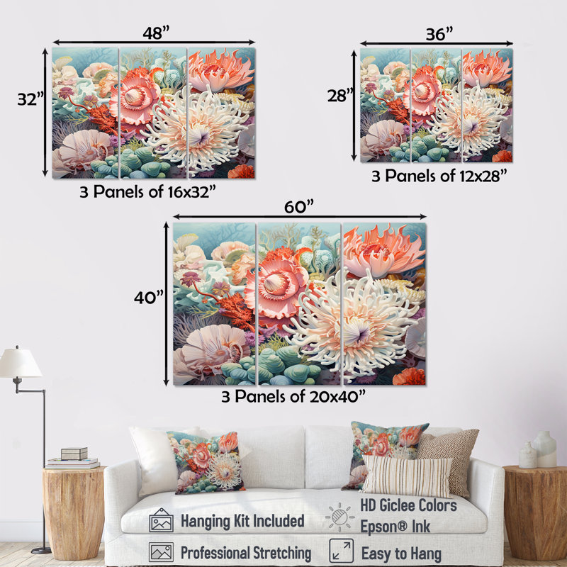 Ensemble d'art mural anémone marine - corail sous l'eau, Toile tendue, H 28 po x l 36 po x P 1 po