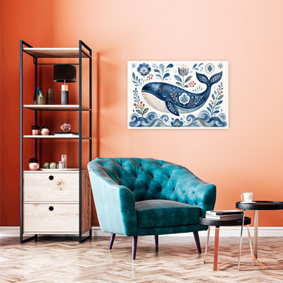 Folk Art Blue Whale Whimsical Abstract Whale Flower Nature Wall Art Print