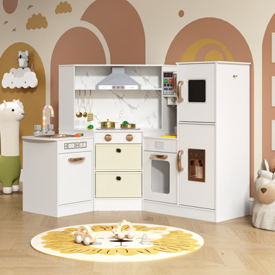 Wooden Corner Play Kitchen Set For Kids, Pretend Large Play Kitchen Features Sink With Running Water, Stove With Light And Sound, Ice Maker & Washer, Toy For Toddlers 3+(Light Wood+White)