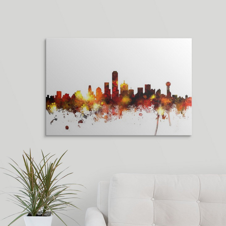 «Francy Dallas Texas Skyline» par Michael Tompsett, impression, Cadre noir, H 32 po x l 44 po x P 1 po