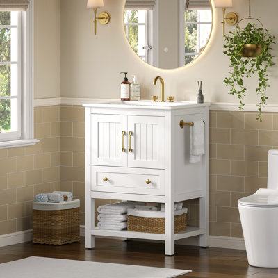 Meuble-lavabo autoportant avec tiroir et tablette ouverte