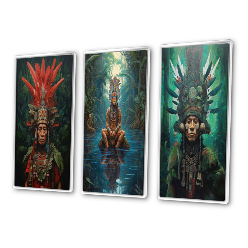 Indigène, chaman, coiffe de plumes de l'Amazonie, ensemble de 3 pièces d'art, Cadre flottant blanc, H 32 po x l 48 po