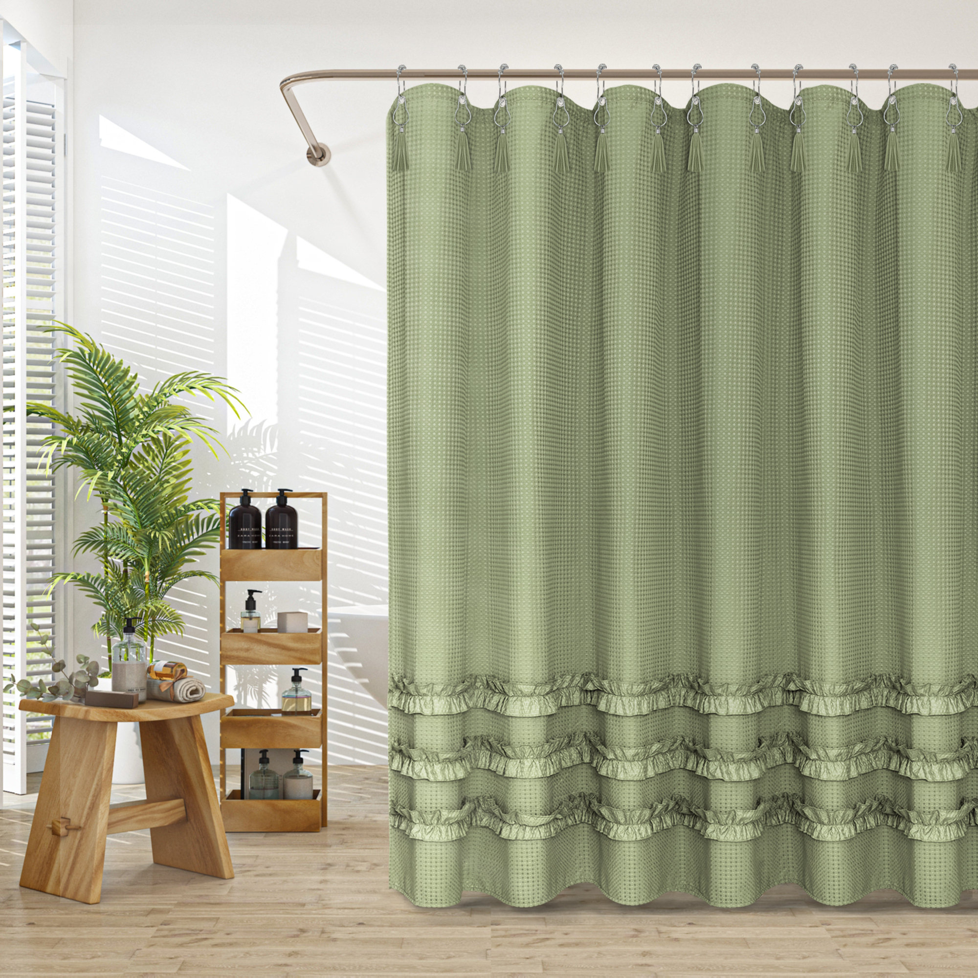 Winston Porter Ruffle tassels Shower Curtain with 12 metal hooks ...