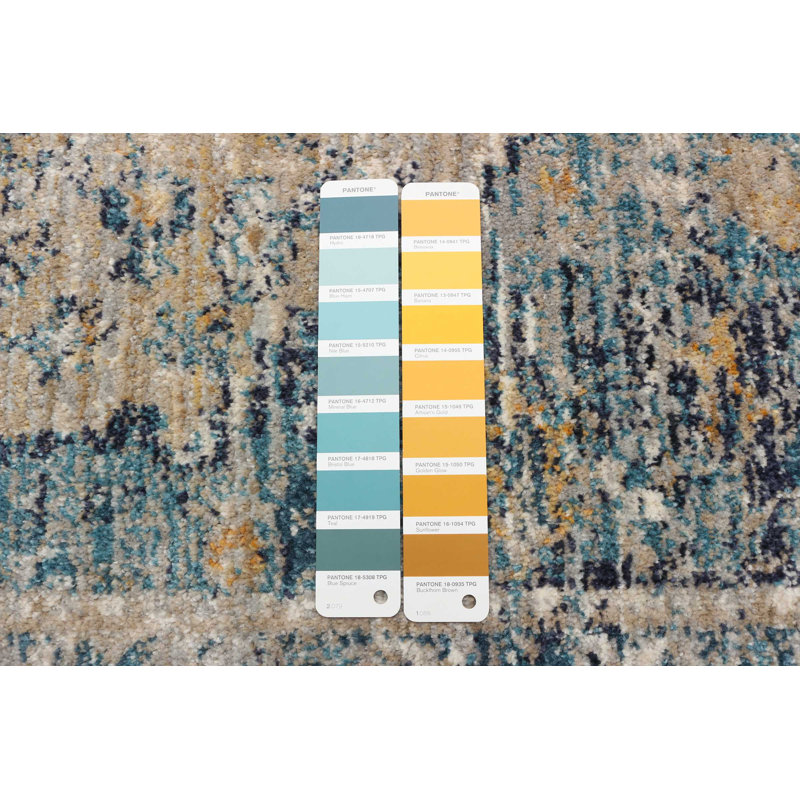 Tapis oriental bleu / gris / ivoire, Rectangle 6 pi 7 po x 8 pi 6 po