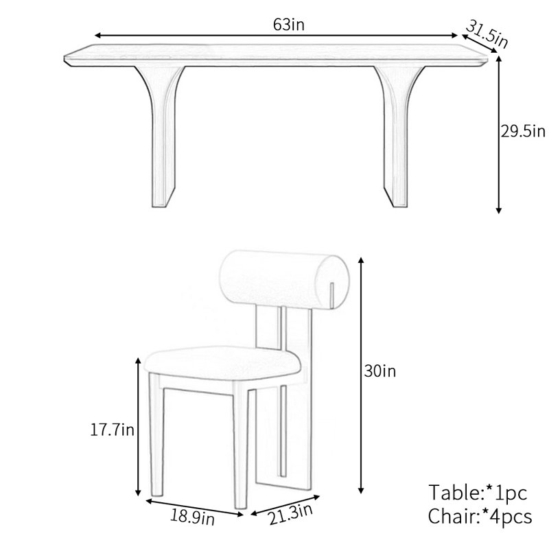 Retro light luxury rectangular dining table set, 29.5"H x 63"L x 31.5"W