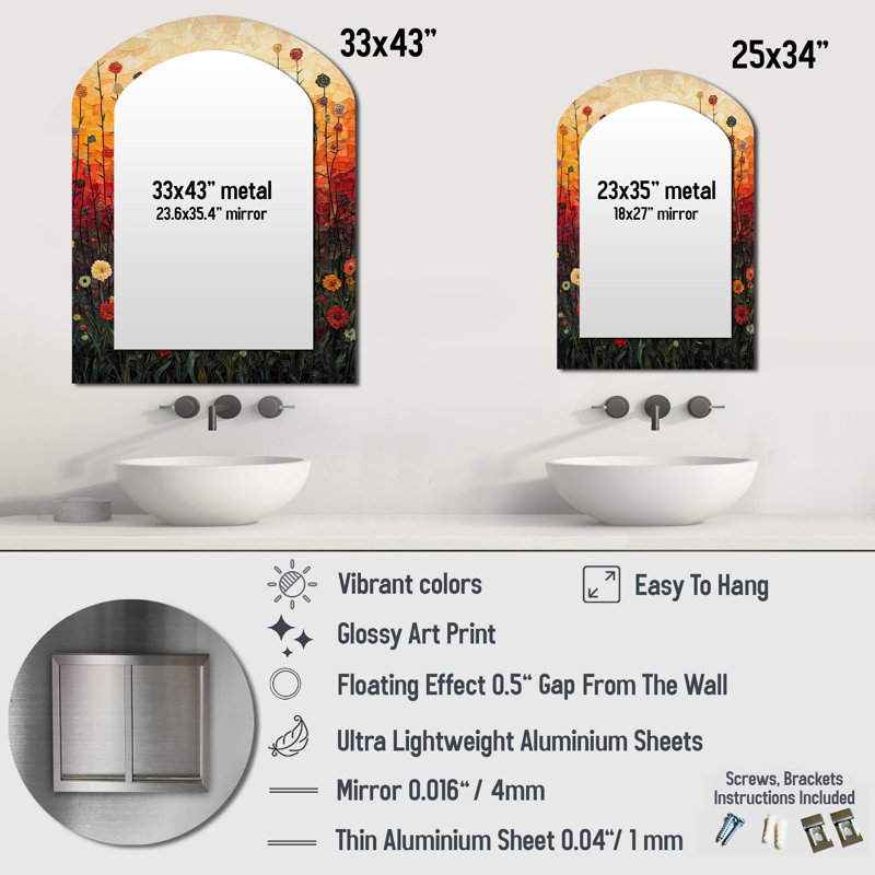 Sunset Wildflowers Glory I - Floral Arch Decorative Mirror On Metal, 34" x 25"