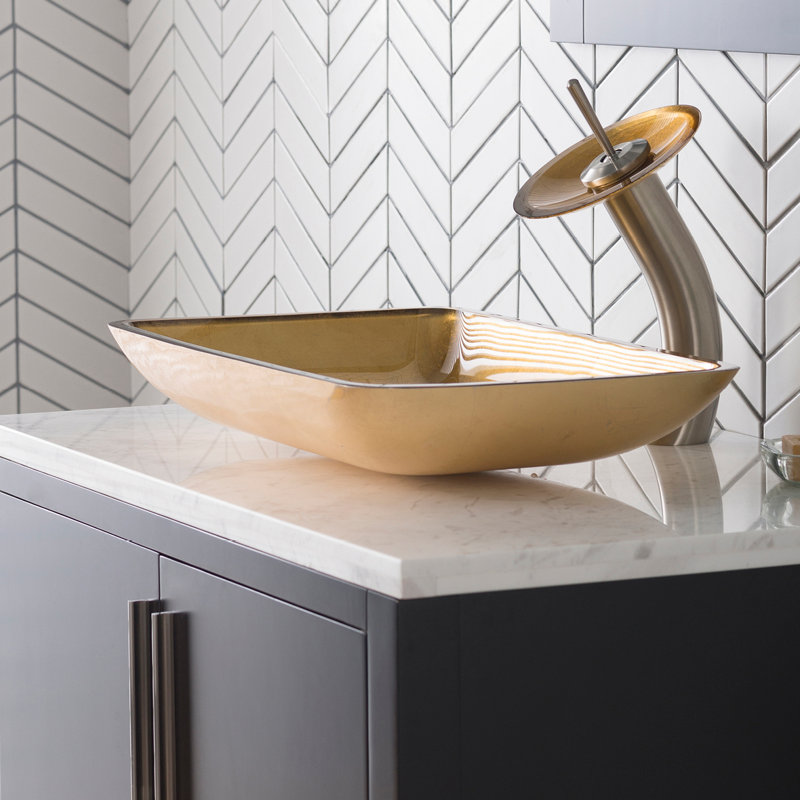 Lavabo de salle de bain vasque rectangulaire en verre Galaxy avec robinet, Nickel satiné, Perle dorée