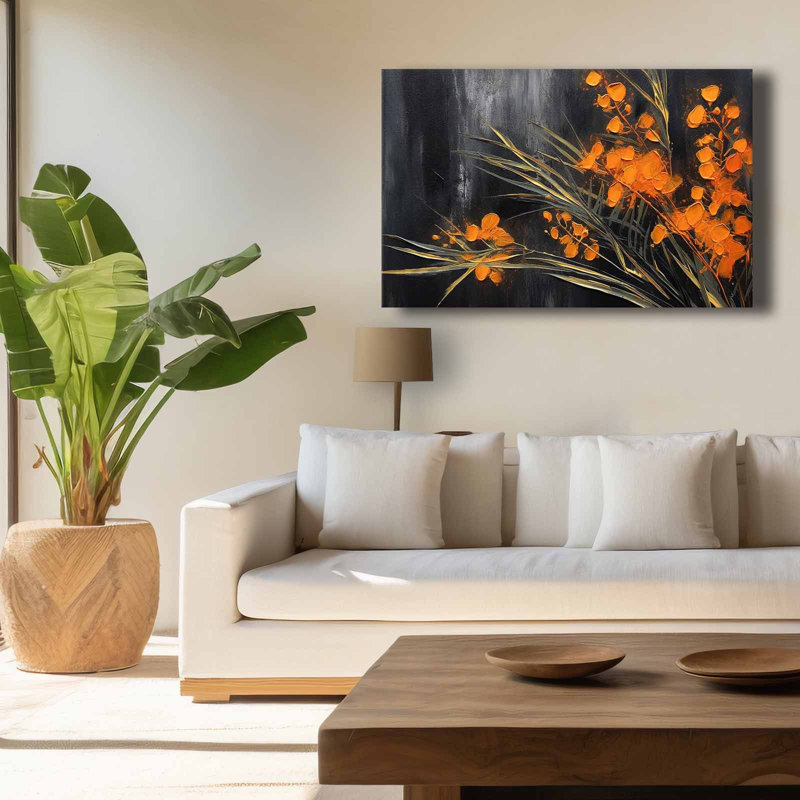 Golden Bloom On Charcoal Canvas Wall Art