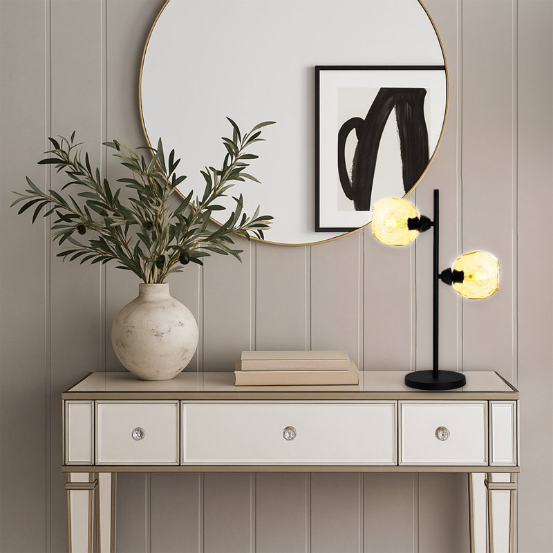 Lampe de table à culot en verre 2 lumières avec base en métal noir - Double lumière moderne, Ambre, Noir