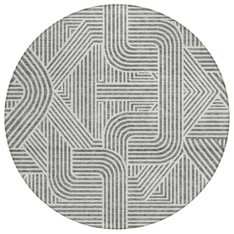 Tapis d'intérieur rond lavable abstrait 8 pi gris