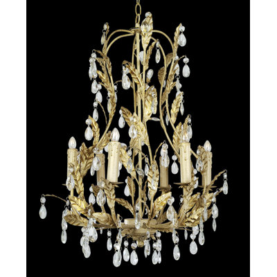 Traditional 6 Light Gold Leaf Crystal Chandelier