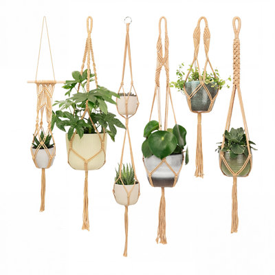 Boho Macrame Plant Hangers Set (6-Pack), Handwoven Cotton Indoor Hanging Planters