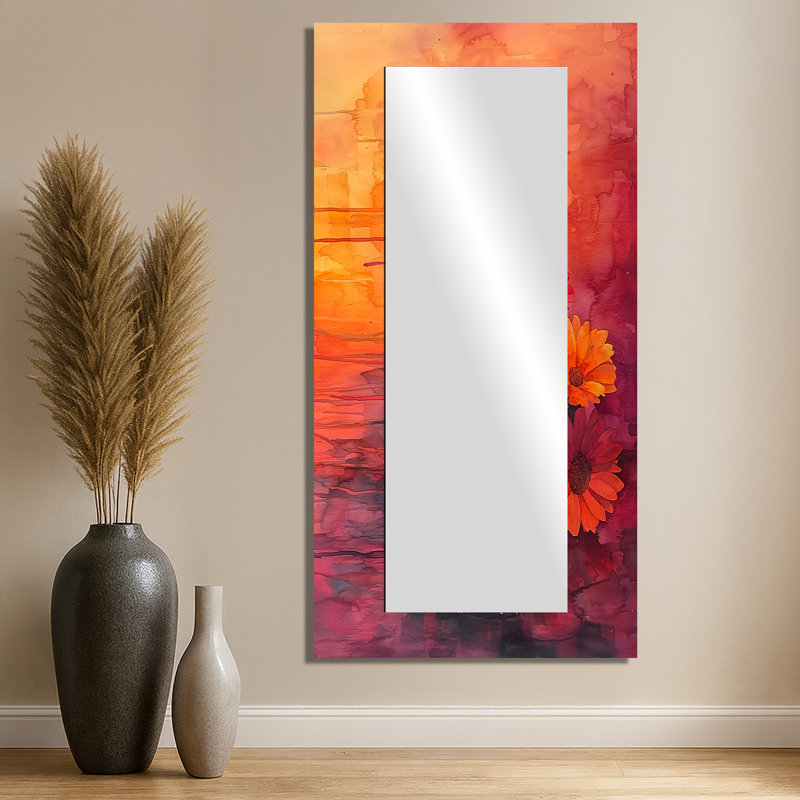 Coucher de soleil sur fond de peinture florale abstraite - art mural miroir traditionnel - imprimé sur métal, 28 po x 55 po
