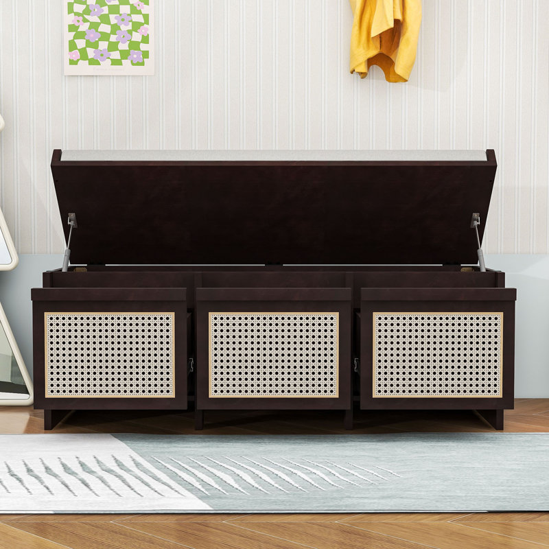 Banc en bois pour hall d'entrée avec tiroirs en rotin, Espresso