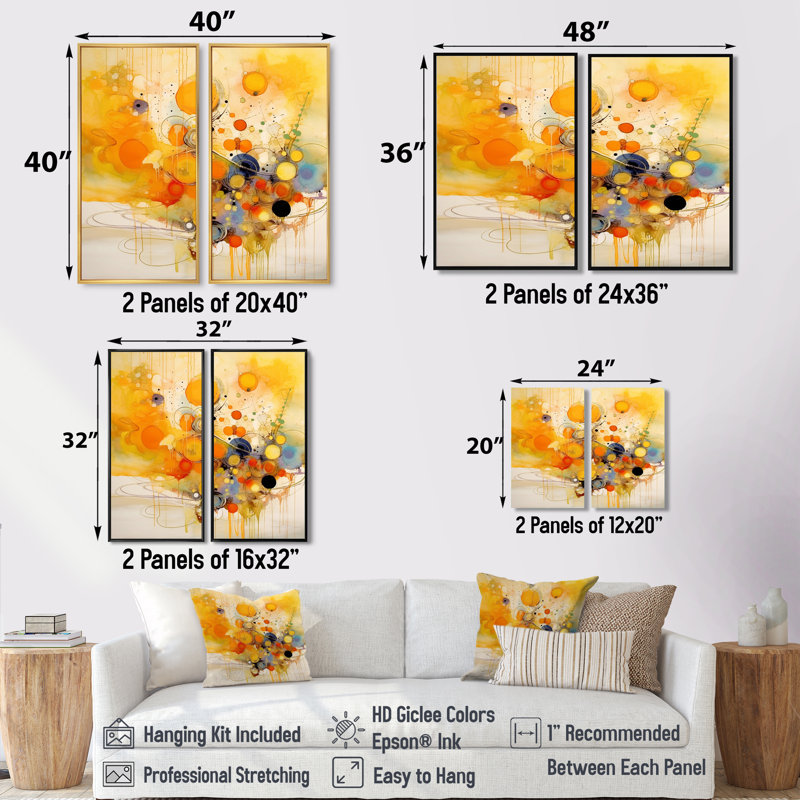 Tourbillons de couleur orange et jaune II - grand minimalisme abstrait, art mural sur toile 2 panneaux, 36" H x 48" W, Black