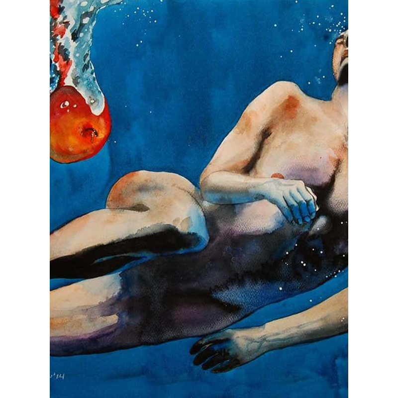 Homme flottant | Aquarelle sur papier févriano | Par Debrata Basu