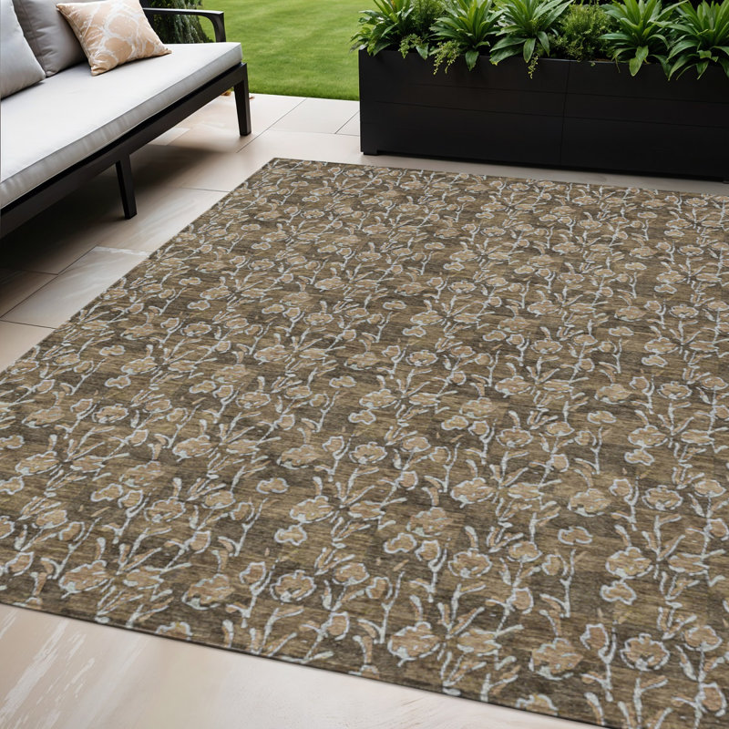 Tapis d'intérieur lavable à motif floral brun et ivoire 5 pi x 8 pi